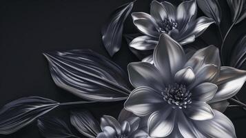 AI generated Beautiful silver flowers with black leaves isolated on a dark black background. photo