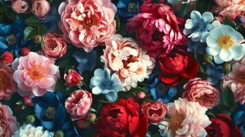 AI generated Colorful peony and roses flowers. Floral background photo