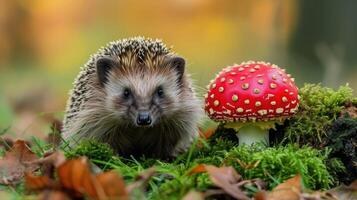 AI generated Hedgehog, native, European hedgehog with red Fly Agaric toadstool, and green moss. Facing forward. Autumn or fall. Close up. Horizontal. Space for copy photo