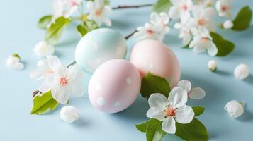 AI generated Pastel Easter eggs and spring apple blossoms decoration photo
