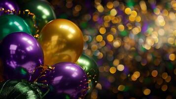 AI generated Purple, green and gold balloons with bokeh light background. Mardi gras carnival decoration photo