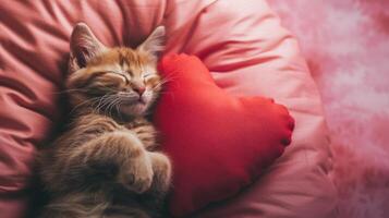 AI generated Kitten sleeping on the heart-shaped pillow, cozy Valentine's day card idea, lazy and chilled Valentine, copy space photo