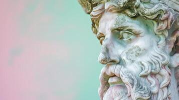 AI generated Sculpture of an abstract greek deity, done in the pastel gradient pink and green background colors, close up, copy space photo