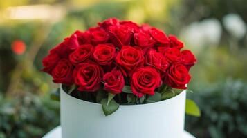 AI generated Red roses bouquet in white round box. Flowers gift photo