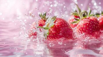 AI generated Pink fresh watery strawberries in water with splash and bubbles background, freshness happy summer pink fruit feminine background photo