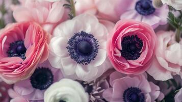 AI generated Pastel colored ranunculus and anemone flowers. Floral background photo