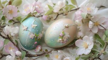 AI generated Pastel Easter eggs and spring apple blossoms decoration photo
