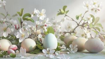 AI generated Pastel Easter eggs and spring apple blossoms decoration photo