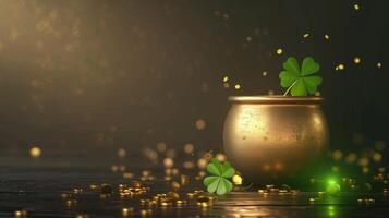 AI generated St. Patrick's Day background with golden pot and four-leaf clover photo