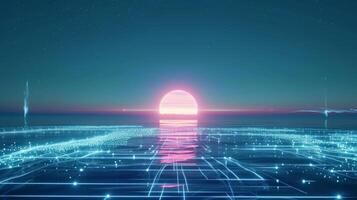 AI generated Neon retrowave background. Retro wireframe landscape with glowing outrun sun vector illustration template photo