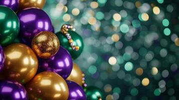 AI generated Purple, green and gold balloons with bokeh light background. Mardi gras carnival decoration photo