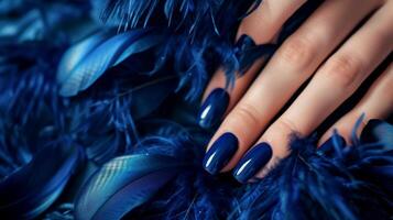 AI generated Glamour woman hand with luxury navy color nail polish manicure on fingers photo