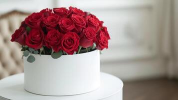 AI generated Red roses bouquet in white round box. Flowers gift photo