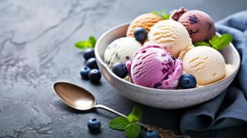 AI generated Variety of ice cream scoops in a bowl with blueberries and mint leaves. Assorted ice creams photo