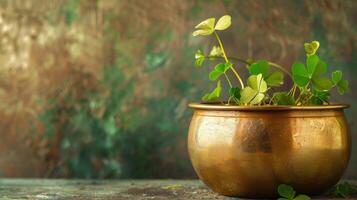 AI generated St. Patrick's Day background with golden pot and four-leaf clover photo