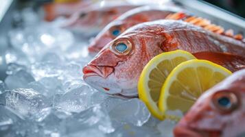 AI generated Fresh fish on ice with lemon wedges photo