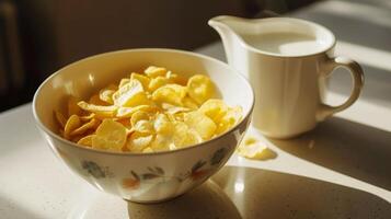 AI generated Corn flakes with milk on the kitchen photo