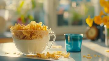 AI generated Corn flakes with milk on the kitchen photo