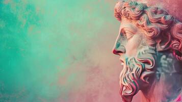 AI generated Sculpture of an abstract greek deity, done in the pastel gradient pink and green background colors, close up, copy space photo