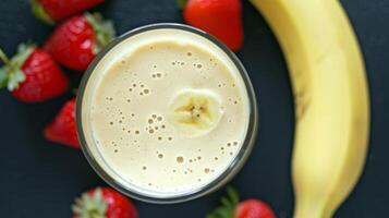 AI generated Banana smoothie in a glass with banana and strawberries lying next to it photo