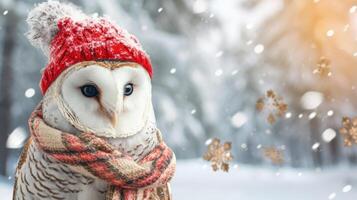 ai generado hermosa Nevado búho en invierno de lana sombrero y de punto bufanda foto