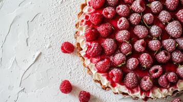 ai generado un Disparo de frambuesa agua de rosas tarta, ligero gris texturizado yeso fondo, parte superior ver foto