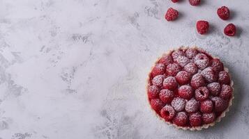 AI generated A close - up shot of Raspberry Rosewater Tart, light gray textured plaster background, top view photo