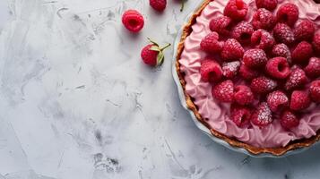 AI generated A close - up shot of Raspberry Rosewater Tart, light gray textured plaster background, top view photo