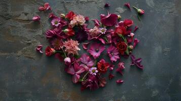 ai generado un composición de flor flores puesto fuera en el forma de corazón foto