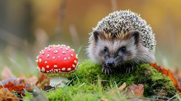 AI generated Hedgehog, native, European hedgehog with red Fly Agaric toadstool, and green moss. Facing forward. Autumn or fall. Close up. Horizontal. Space for copy photo