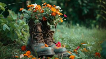 AI generated Boots filed with flowers photo