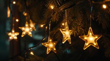 AI generated Christmas Lights - Stars String Hanging At Fir Branches In Abstract Defocused Background photo