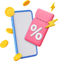 3d telefoon met coupon met flash en goud munten png