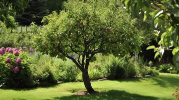 AI generated Green apple-laden tree focal point, lush garden photo