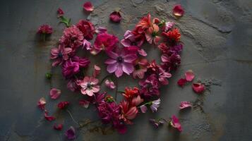 ai generado un composición de flor flores puesto fuera en el forma de corazón foto