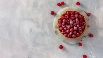 AI generated A close - up shot of Raspberry Rosewater Tart, light gray textured plaster background, top view photo