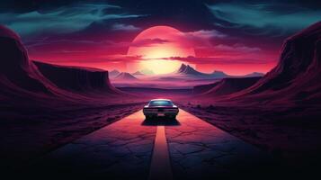 AI generated Classic Car on Road Towards Sunset in Alien Landscape photo