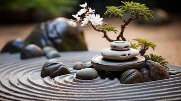 ai generado zen jardín con bonsai árbol y apilado piedras foto