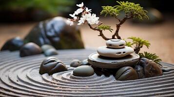 AI generated Zen Garden with Bonsai Tree and Stacked Stones photo