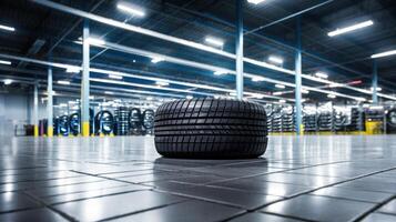 AI generated Single Tire in Focus on Warehouse Floor photo