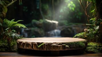 AI generated Serene Waterfall View from Circular Wooden Deck in Jungle photo