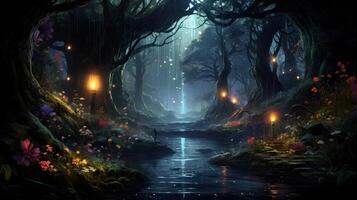 AI generated Enchanted Forest with Magical Lights photo