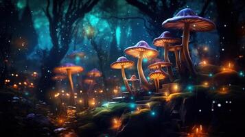 AI generated Mystical Forest with Bioluminescent Fungi and Stairs photo