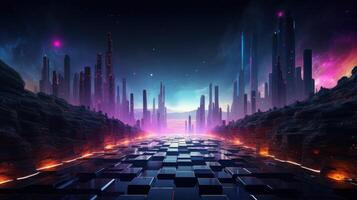 AI generated Futuristic Cityscape with Glowing Structures at Dusk photo