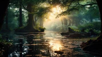 AI generated Sunlit Misty Forest River photo