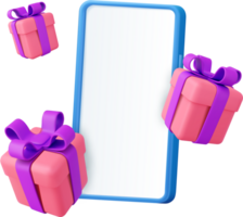 3d Flying gifts with a mobile phone mockup. png