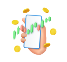 3D stock online trading with smartphone and money coin png