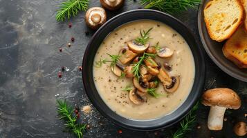 ai generado seta champiñón sopa con un pan y Fresco hongos. parte superior ver , otoño estacional crema sopa con vegetales foto