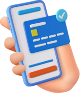 3D Hand holding mobile phone with credit card png