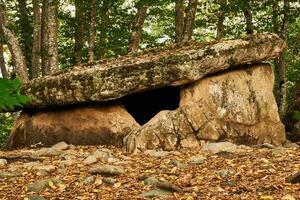 antiguo megalito dolmen entre arboles en un otoño arboleda foto